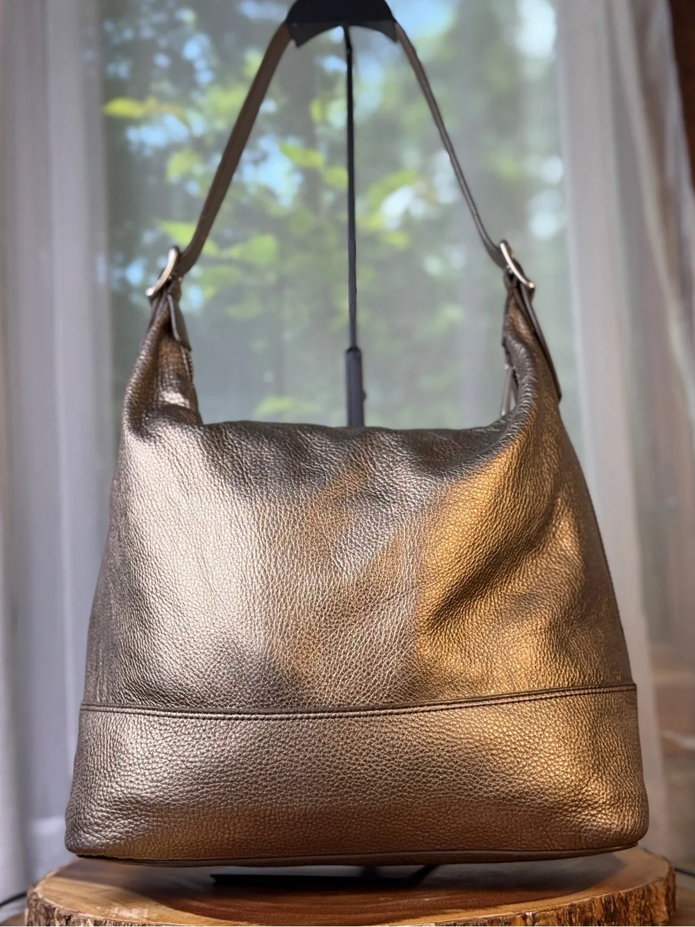 Fossil Gold Metallic Leather Hobo Shoulder Bag + Pouch Freebie EUC